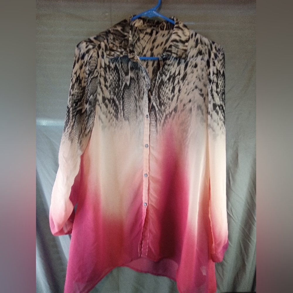Ny Collection Animal Print Color Fade Sheer Button Up Women's Top